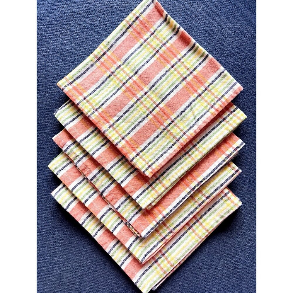 S/5 Genuine Fiesta Plaid Napkins 100% Cotton Orange Homer Laughlin Table Linens
